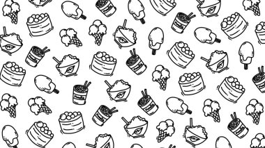 Tatlı el çizimi tatlı ve waffle dondurması ve köpüklü çay eşliğinde karalama şablonu.