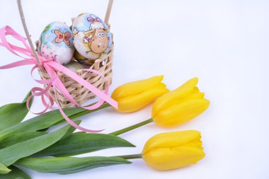 Paskalya yumurta beyaz arka plan üzerinde bir sepet ve Sarı laleler