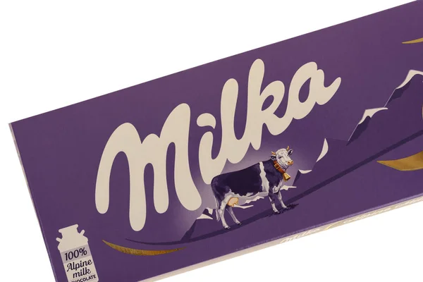 Burgas Bulgarije Januari 2021 Milka Zwitserse Chocoladereep Geïsoleerd Witte Achtergrond — Stockfoto