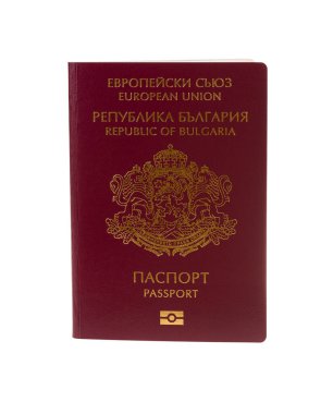 Bulgar pasaportu beyaz arka planda izole edildi. Bulgaristan Cumhuriyeti, Avrupa Birliği pasaportu.