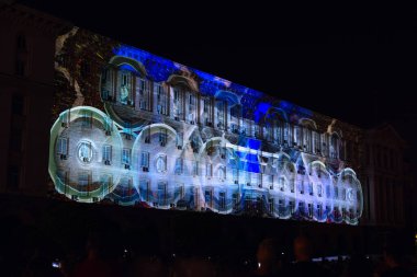 Sofia, Bulgaristan - 9 Mayıs 2018: Bina, Bakanlar Konseyi Sofya, Bulgaristan. Avrupa'nın gün için 3D projeksiyon eşleme
