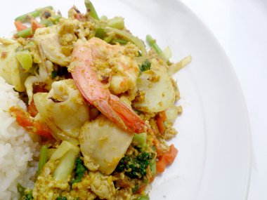 Tay Curry tarifi - ateş curry karides ve kalamar, karışık sebzeli karışık deniz ürünleri yengeç. Phat phong Tay, Tay gıda kari.