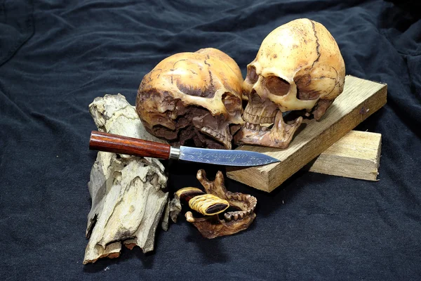 Cráneo con cuchillos clásicos y madera sobre fondo negro - Cuchillos Clásicos estilo Bodegón — Foto de Stock
