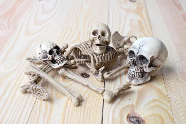 Human skull and human skeleton on pine wood background — Stock Photo, Image