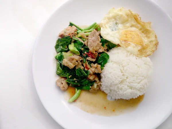 Frango Frito Com Kale Thai Deliciosa Comida Com Arroz Ovo — Fotografia de Stock