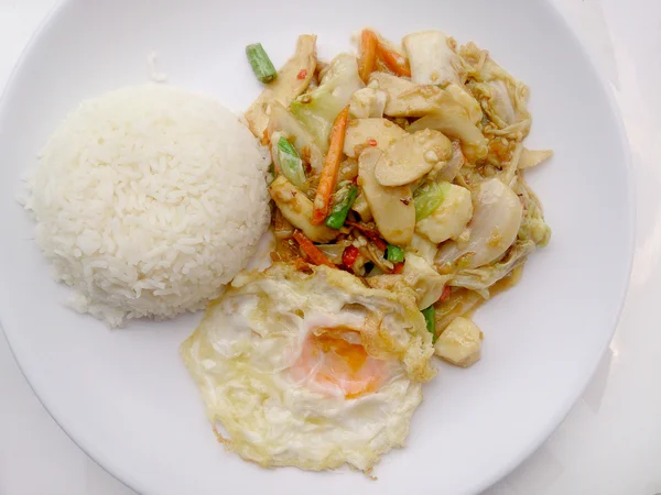 Vegetarische maaltijden met gebakken groenten en Tofu op witte schotel, gezonde voeding — Stockfoto