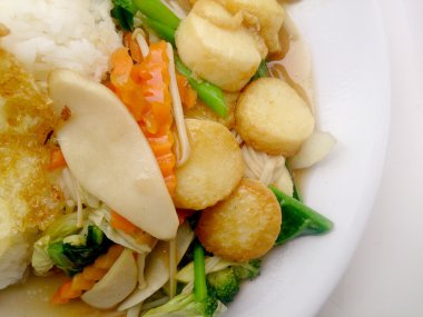 Karıştırın kızarmış Tofu Çin tarzı, derin kızarmış Tofu ile et suyu sosu, tofu beyaz arka plan üzerinde beyaz plaka karışık sebze ile karıştırın kızarmış. Vejetaryen yiyecekler, sağlıklı gıda.