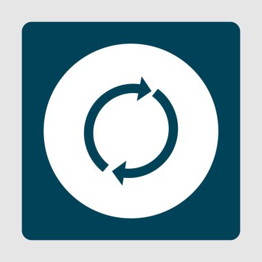 Refresh icon, on white circle background surrounded by blue clipart