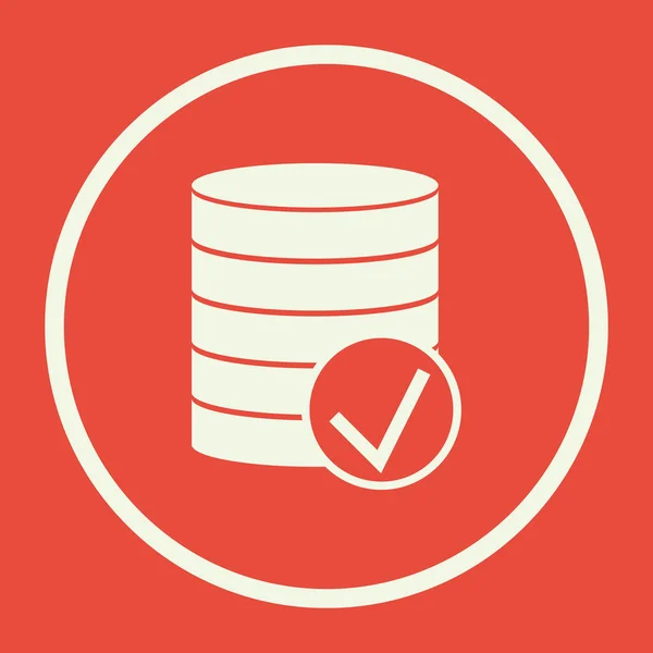 Icono de aceptación de base de datos, sobre fondo rojo, borde círculo blanco, contorno blanco — Vector de stock