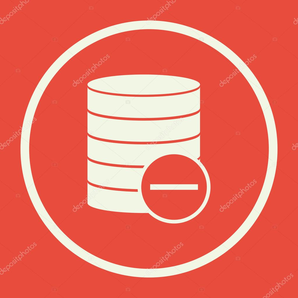 Database-remove icon, on red background, white circle border, white outline