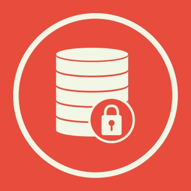 Veritabanı kilit simgesi, kırmızı arka plan, beyaz bir daire sınır, beyaz anahat