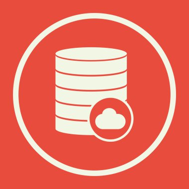 Database-cloud icon, on red background, white circle border, white outline