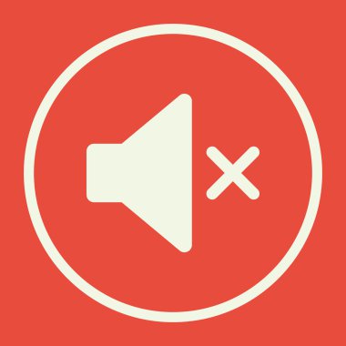Volume mute icon, on red background, white circle border, white outline