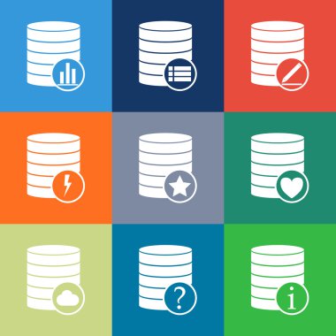 Veritabanı simgesini, veritabanı ve teknoloji hattı simgeler kümesi. Veritabanı vektör simgesi. Modern renkli düz tasarım doğrusal piktogram koleksiyonu. Anahat vektör kavramı kontur simge paketi. Premium Kalite web