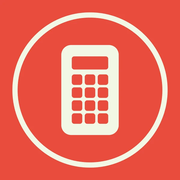 Calculatorpictogram, op rode achtergrond, witte cirkel grens, witte contouren — Stockvector