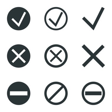 Accpet ve Reddet Icons, giriş, satır simgeler kümesi kabul, iptal simgeler. İzni simgeler. Modern renkli düz tasarım doğrusal piktogram koleksiyonu. Anahat vektör kavramı kontur simge paketi... Beyaz 