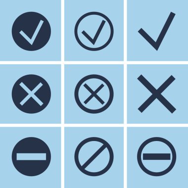 Accpet ve Reddet Icons, giriş, satır simgeler kümesi kabul, iptal simgeler. İzni simgeler. Modern renkli düz tasarım doğrusal piktogram koleksiyonu. Anahat vektör kavramı kontur simge paketi... Mavi b