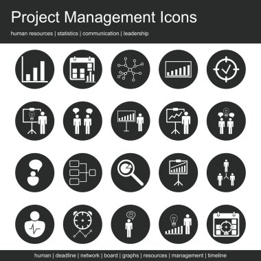 Premium Kalite simgesi proje yönetimi, insan kaynakları, iletişim ve istatistik simgeler ayarlar. Modern web simgesi toplama.