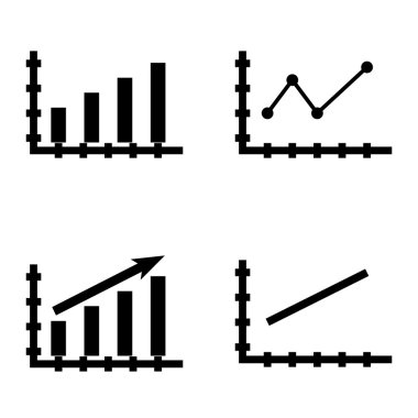 Çubuk Grafik, Çizgi Grafiği ve Sivri Çizgi Grafiği Üzerinde İstatistik Simgeleri Kümesi. App, Web, Mobil ve Infographics Tasarım için İstatistik Vektör Simgeleri.