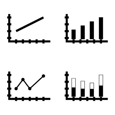 Çubuk Grafik, Çizgi Grafiği ve Sivri Çizgi Grafiği Üzerinde İstatistik Simgeleri Kümesi. App, Web, Mobil ve Infographics Tasarım için İstatistik Vektör Simgeleri.