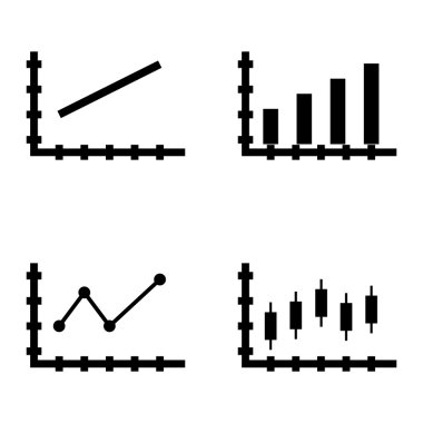 Çubuk Grafik, Çizgi Grafiği ve Sivri Çizgi Grafiği Üzerinde İstatistik Simgeleri Kümesi. App, Web, Mobil ve Infographics Tasarım için İstatistik Vektör Simgeleri.