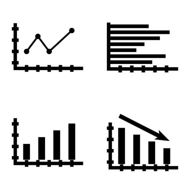 Çubuk Grafik, Sivri Çizgi Grafiği ve Yatay Çubuk Grafiği Üzerinde İstatistik Simgeleri Kümesi. App, Web, Mobil ve Infographics Tasarım için İstatistik Vektör Simgeleri.