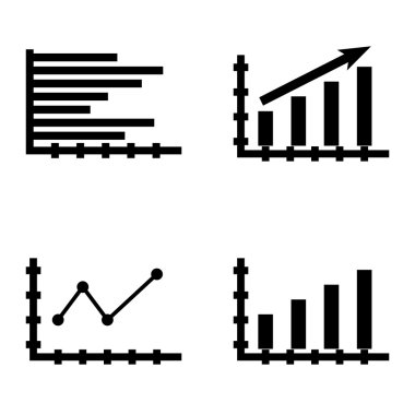 Çubuk Grafik, Sivri Çizgi Grafiği ve Yatay Çubuk Grafiği Üzerinde İstatistik Simgeleri Kümesi. App, Web, Mobil ve Infographics Tasarım için İstatistik Vektör Simgeleri.