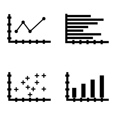 Çubuk Grafik, Sivri Çizgi Grafiği ve Yatay Çubuk Grafiği Üzerinde İstatistik Simgeleri Kümesi. App, Web, Mobil ve Infographics Tasarım için İstatistik Vektör Simgeleri.
