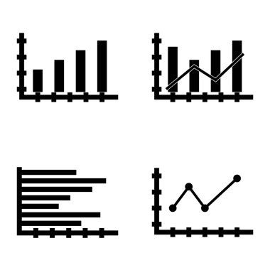 Çubuk Grafik, Sivri Çizgi Grafiği ve Yatay Çubuk Grafiği Üzerinde İstatistik Simgeleri Kümesi. App, Web, Mobil ve Infographics Tasarım için İstatistik Vektör Simgeleri.