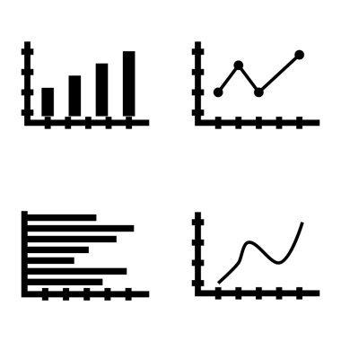 Çubuk Grafik, Sivri Çizgi Grafiği ve Yatay Çubuk Grafiği Üzerinde İstatistik Simgeleri Kümesi. App, Web, Mobil ve Infographics Tasarım için İstatistik Vektör Simgeleri.