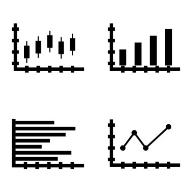 Çubuk Grafik, Sivri Çizgi Grafiği ve Yatay Çubuk Grafiği Üzerinde İstatistik Simgeleri Kümesi. App, Web, Mobil ve Infographics Tasarım için İstatistik Vektör Simgeleri.