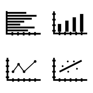 Çubuk Grafik, Sivri Çizgi Grafiği ve Yatay Çubuk Grafiği Üzerinde İstatistik Simgeleri Kümesi. App, Web, Mobil ve Infographics Tasarım için İstatistik Vektör Simgeleri.