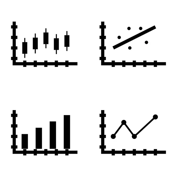 Conjunto de iconos de estadísticas en el gráfico de barras, gráfico de líneas puntiagudas y gráfico de velas. Iconos de vectores de estadísticas para diseño de aplicaciones, web, móviles e infografías . — Archivo Imágenes Vectoriales