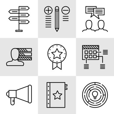 Karar Verme, Kişilik ve Takım Toplantısı Üzerine Proje Yönetimi Simgeleri Seti. Uygulama, Web, Mobil Ve Infographics Tasarım için Proje Yönetimi Vektör Simgeleri.