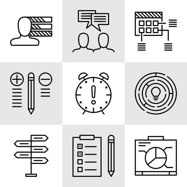 Conjunto de iconos de gestión de proyectos sobre toma de decisiones, personalidad y reunión de equipo. Iconos de vectores de gestión de proyectos para diseño de aplicaciones, web, móviles e infografías . — Vector de stock