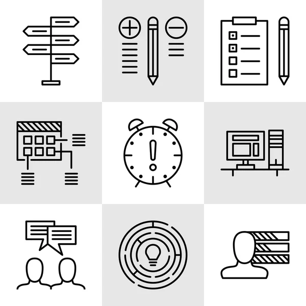 Conjunto de iconos de gestión de proyectos sobre toma de decisiones, personalidad y reunión de equipo. Iconos de vectores de gestión de proyectos para diseño de aplicaciones, web, móviles e infografías . — Vector de stock