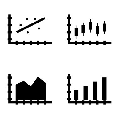 Çubuk Grafik, Mumlar Grafiği ve Dağılım Grafiği Üzerinde İstatistik Simgeleri Kümesi. App, Web, Mobil ve Infographics Tasarım için İstatistik Vektör Simgeleri.