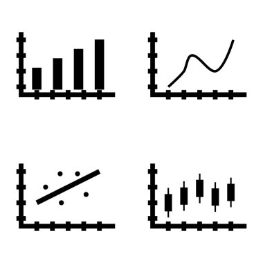 Çubuk Grafik, Mumlar Grafiği ve Dağılım Grafiği Üzerinde İstatistik Simgeleri Kümesi. App, Web, Mobil ve Infographics Tasarım için İstatistik Vektör Simgeleri.