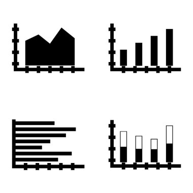 Çubuk Grafik, Yatay Çubuk Grafiği ve Yığılmış Çubuk Üzerinde İstatistik Simgeleri Kümesi. App, Web, Mobil ve Infographics Tasarım için İstatistik Vektör Simgeleri.