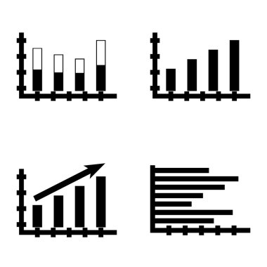 Çubuk Grafik, Yatay Çubuk Grafiği ve Yığılmış Çubuk Üzerinde İstatistik Simgeleri Kümesi. App, Web, Mobil ve Infographics Tasarım için İstatistik Vektör Simgeleri.