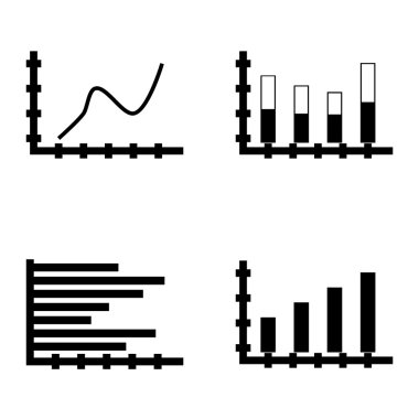 Çubuk Grafik, Yatay Çubuk Grafiği ve Yığılmış Çubuk Üzerinde İstatistik Simgeleri Kümesi. App, Web, Mobil ve Infographics Tasarım için İstatistik Vektör Simgeleri.