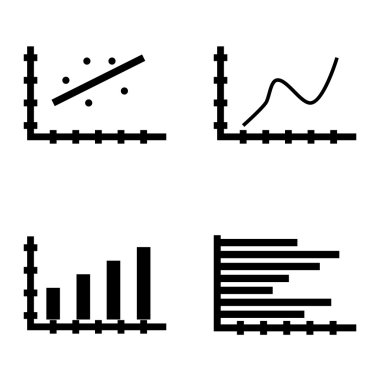 Çubuk Grafik, Yatay Çubuk Grafiği ve Dağılım Grafiği Üzerinde İstatistik Simgeleri Kümesi. App, Web, Mobil ve Infographics Tasarım için İstatistik Vektör Simgeleri.