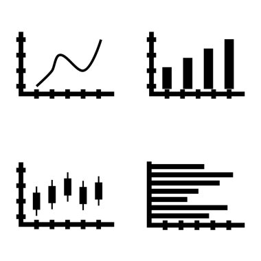 Çubuk Grafik, Yatay Çubuk Grafiği ve Mumlar Grafiği Üzerinde İstatistik Simgeleri Kümesi. App, Web, Mobil ve Infographics Tasarım için İstatistik Vektör Simgeleri.