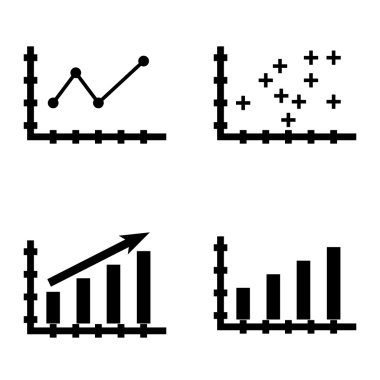 Çubuk Grafik, Sivri Çizgi Grafiği ve Plotter Point Chart'taki İstatistik Simgeleri Kümesi. App, Web, Mobil ve Infographics Tasarım için İstatistik Vektör Simgeleri.