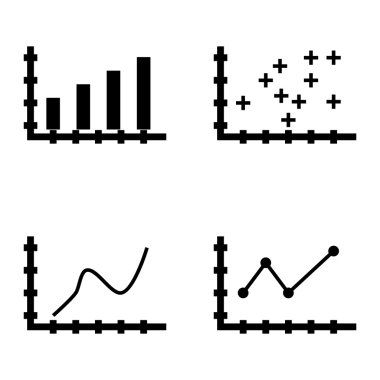 Çubuk Grafik, Sivri Çizgi Grafiği ve Eğri Çizgi Üzerinde İstatistik Simgeleri Kümesi. App, Web, Mobil ve Infographics Tasarım için İstatistik Vektör Simgeleri.