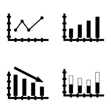 Çubuk Grafik, Sivri Çizgi Grafiği ve Yığılmış Çubuk Üzerinde İstatistik Simgeleri Kümesi. App, Web, Mobil ve Infographics Tasarım için İstatistik Vektör Simgeleri.