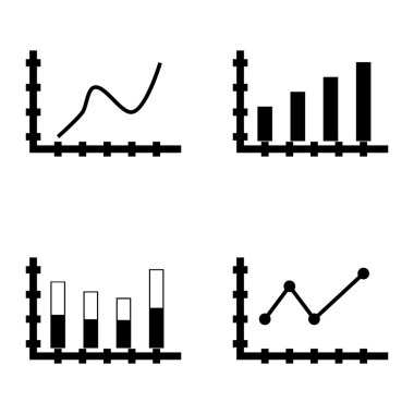 Çubuk Grafik, Sivri Çizgi Grafiği ve Yığılmış Çubuk Üzerinde İstatistik Simgeleri Kümesi. App, Web, Mobil ve Infographics Tasarım için İstatistik Vektör Simgeleri.