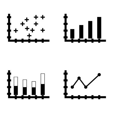 Çubuk Grafik, Sivri Çizgi Grafiği ve Yığılmış Çubuk Üzerinde İstatistik Simgeleri Kümesi. App, Web, Mobil ve Infographics Tasarım için İstatistik Vektör Simgeleri.