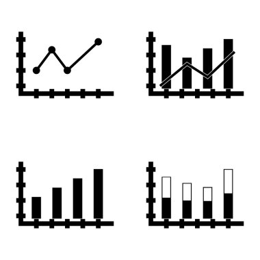 Çubuk Grafik, Sivri Çizgi Grafiği ve Yığılmış Çubuk Üzerinde İstatistik Simgeleri Kümesi. App, Web, Mobil ve Infographics Tasarım için İstatistik Vektör Simgeleri.