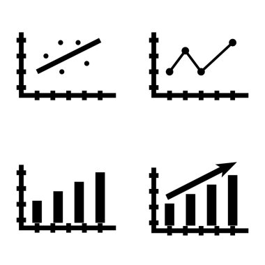 Çubuk Grafik, Sivri Çizgi Grafiği ve Dağılım Grafiği Üzerinde İstatistik Simgeleri Kümesi. App, Web, Mobil ve Infographics Tasarım için İstatistik Vektör Simgeleri.